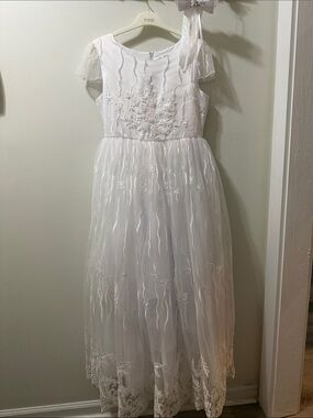 Tip Top Kids White Embroidered Tulle Party Dress Flower Crown With Bow Size 18